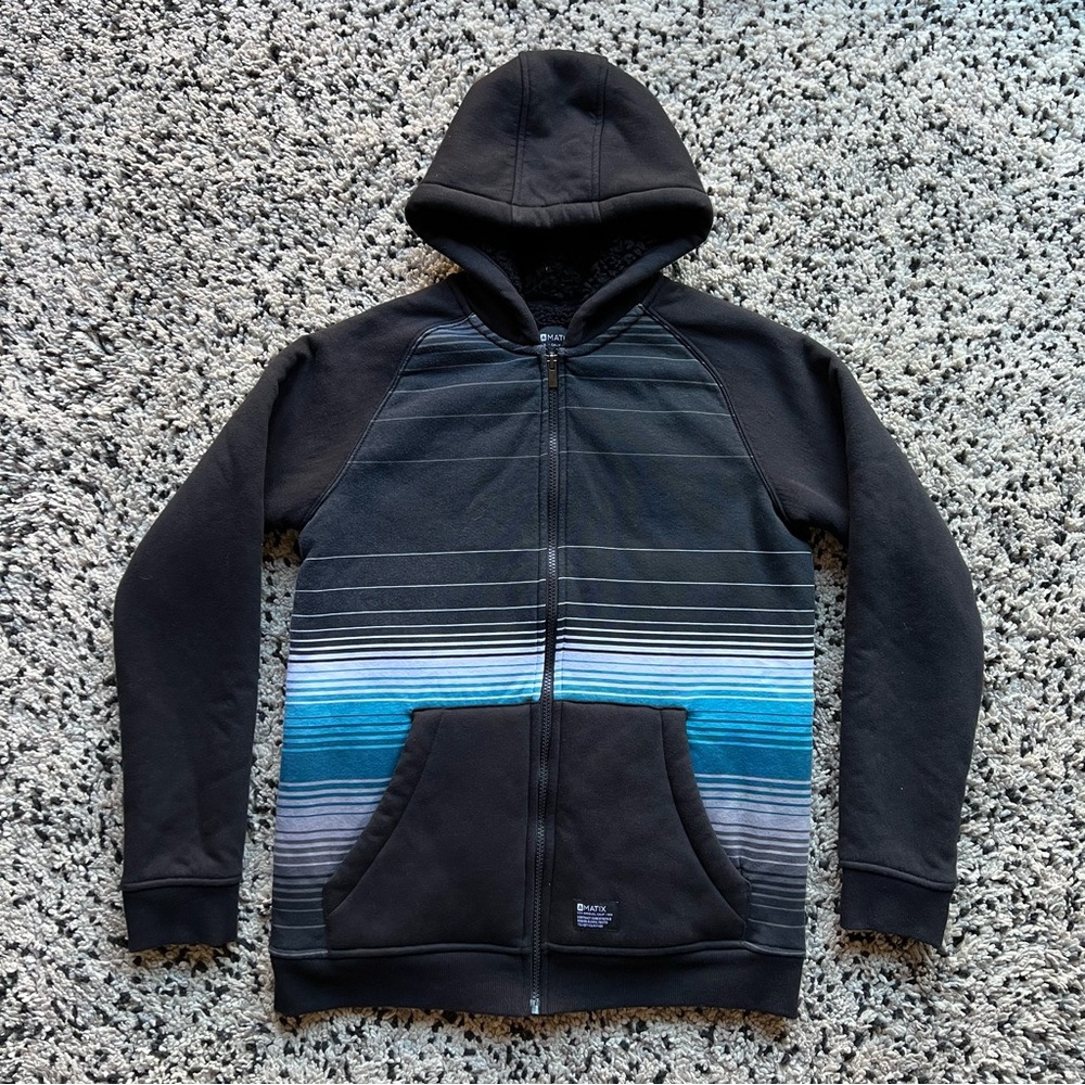 Matix Faux Fur Lined Full Zip Hoodie Black Blue Stripe Boys Size Large
